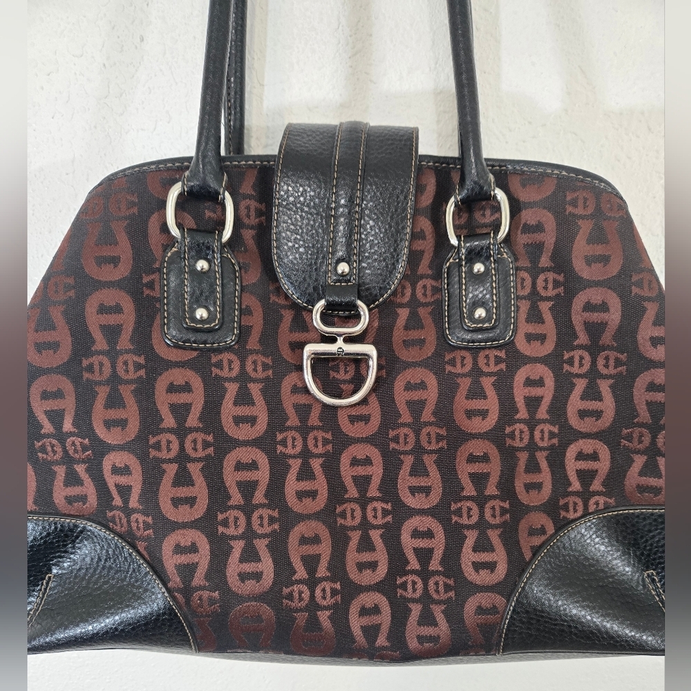 Etienne Aigner Signature Monogram Brown/Black Satchel Classic Work Church - Picture 3 of 8